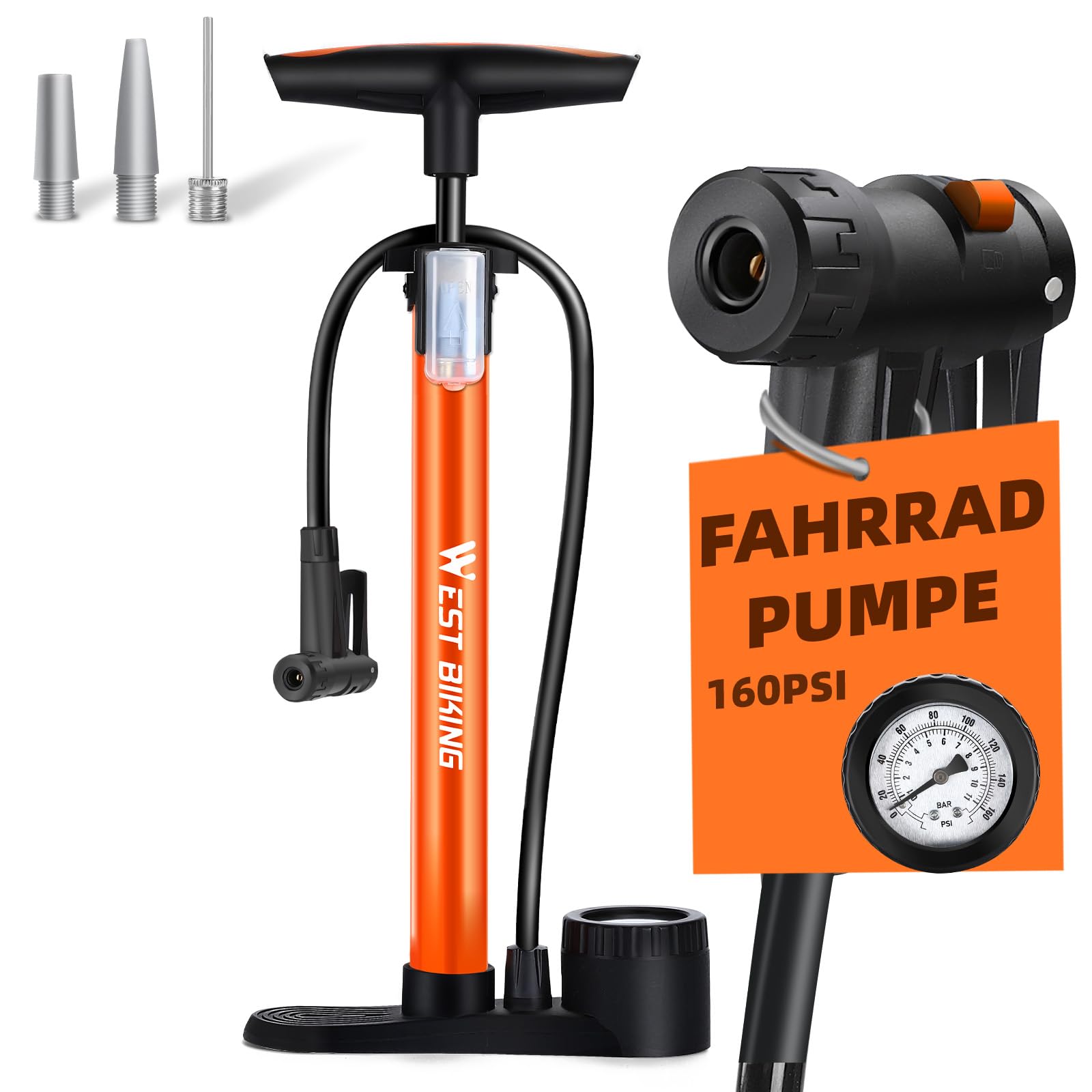 Hochdruck Standpumpe Hochdruck Fahrradpumpe Mit Manometer - 160 PSI Standpumpe Für E-Bike, Ball & Mehr Fahrradpumpe Alle Ventile