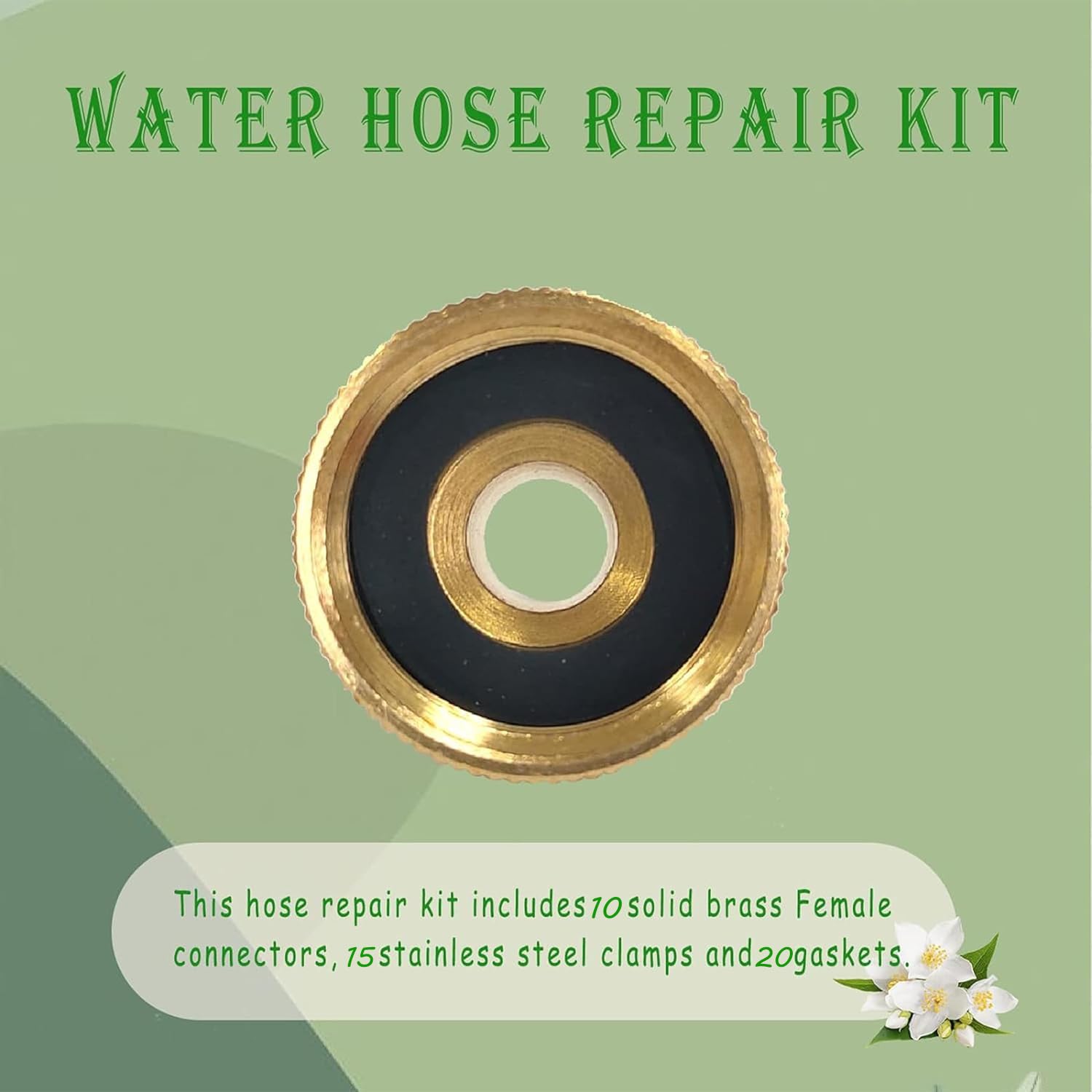 AOPANDA Conector de reparación de extremo de manguera de agua de latón macizo de 3/8 pulgadas x 3/4 pulgadas, incluye abrazaderas y juntas de acero inoxidable (10 unidades)