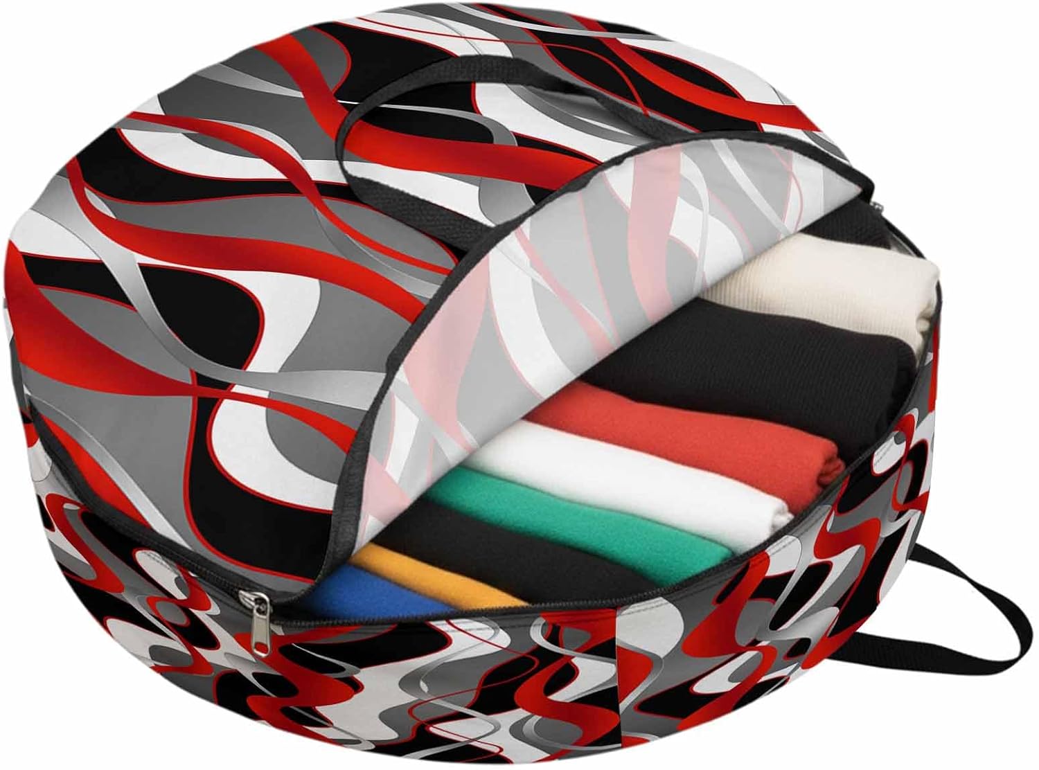 Red Gray Stripes Round Storage Bag 36 Inch, Abstract Art Modern Geometric Curve Clothes Storage Container with Handles Heavy Duty Organizer for Comforter, Bedding & Holiday Wreaths