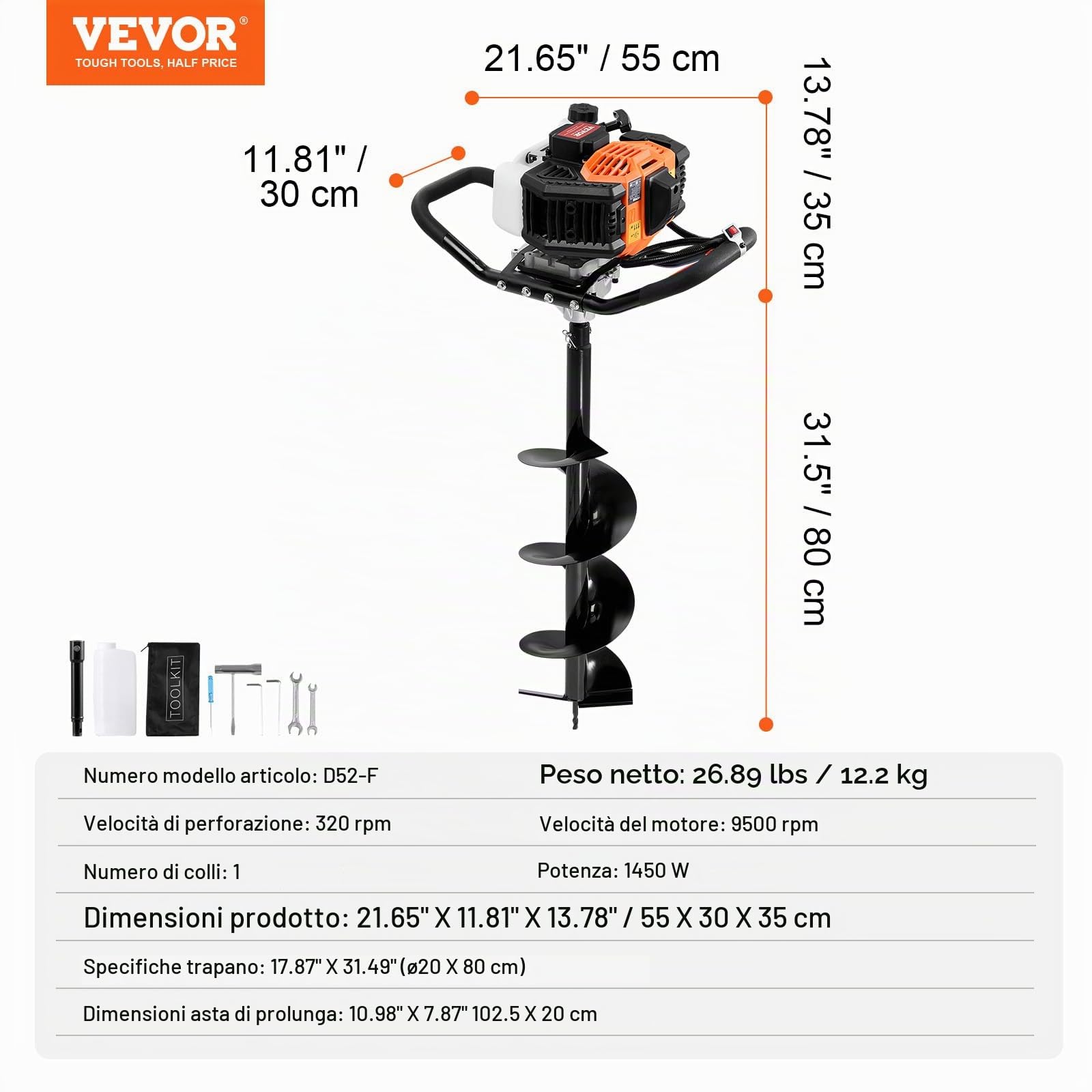 VEVOR Trivella per Pali a Gas 52 CC 1450 W Trivella per Terra, Trivella a Gas con Punte 200 mm 1 Asta di Prolunga, Trivella per Pali di Recinzione per Piante da Giardino, Piantagione, Arancione e Nero