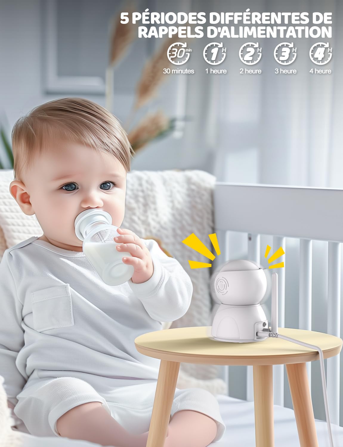 OBVHNUA 5 Pouces Babyphone Camera 720P HD Caméra Bebe Babyphone Video sans Fil Moniteur Bébé avec 2X-4X Zoom Pan-Tilt Vision Nocturne VOX Interphone 8 Berceuses 5 Réveil Température Temps