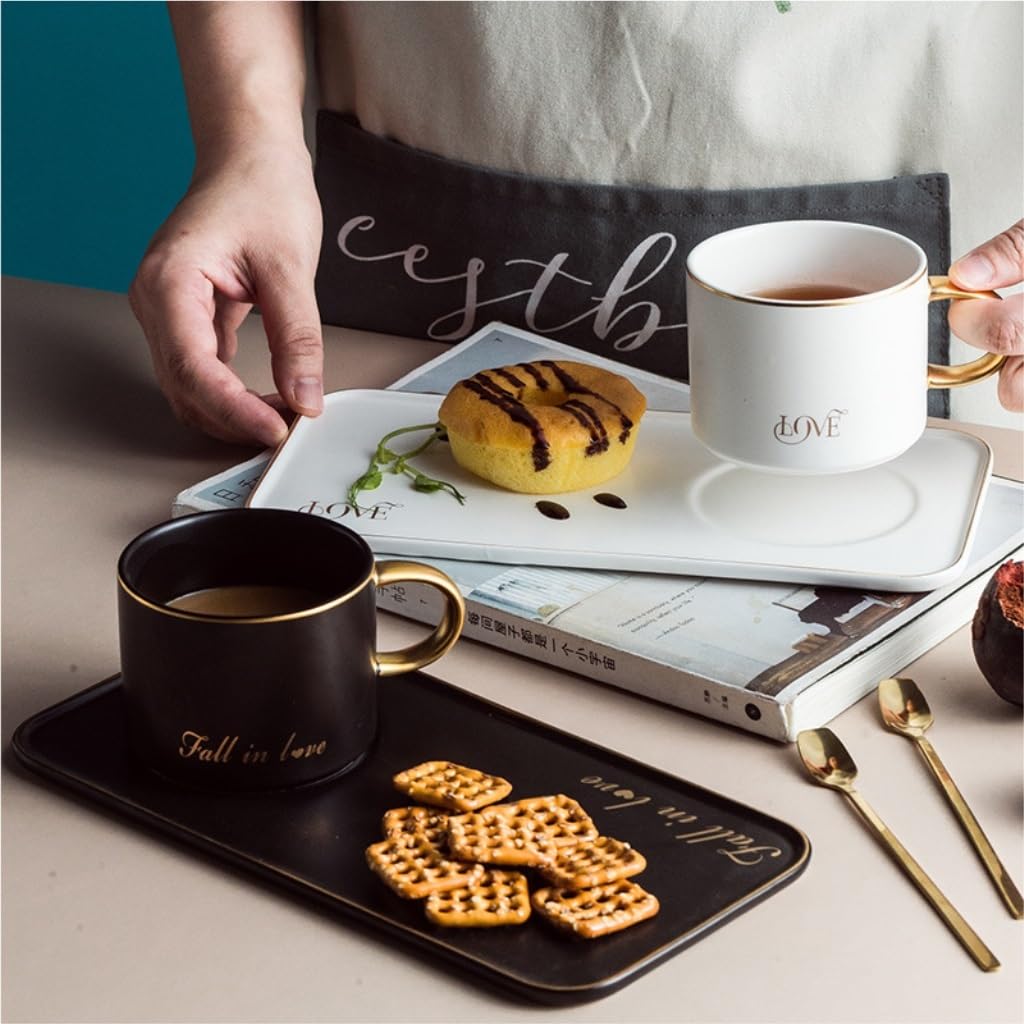 Porcelanowy zestaw filiżanek do kawy i herbaty， Para Dom Moda Kreatywny Ceramiczny Kubek Do Kawy Biuro Popołudniowa Herbata(Black)