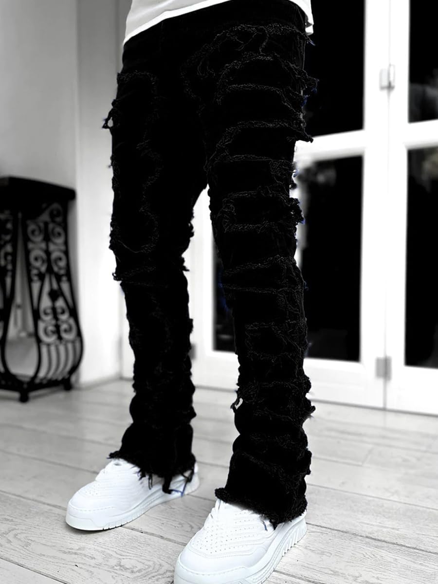 Mens Stacked Jeans Slim Fit Ripped Skinny Stretch Jeans Distressed Straight Denim Pants Hip Hop Trousers Streetwear - Image 2