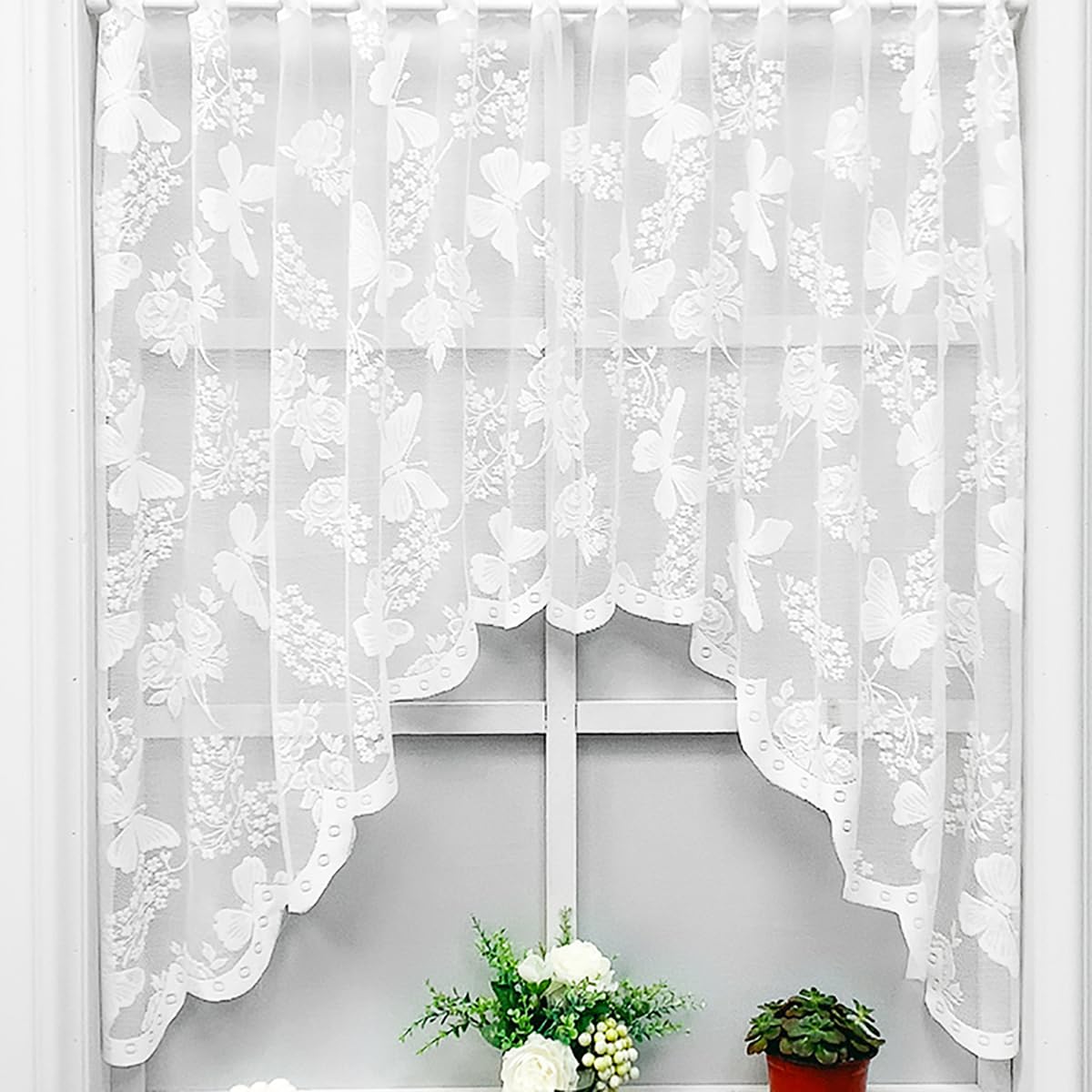 MolaxhomeWhite Semi-Sheer Valance Curtains for Kitchen,Vintage Window Valances for Living Room Bathroom Cafe Dining Room Small Windows (Butterfly, 39Wx59L)