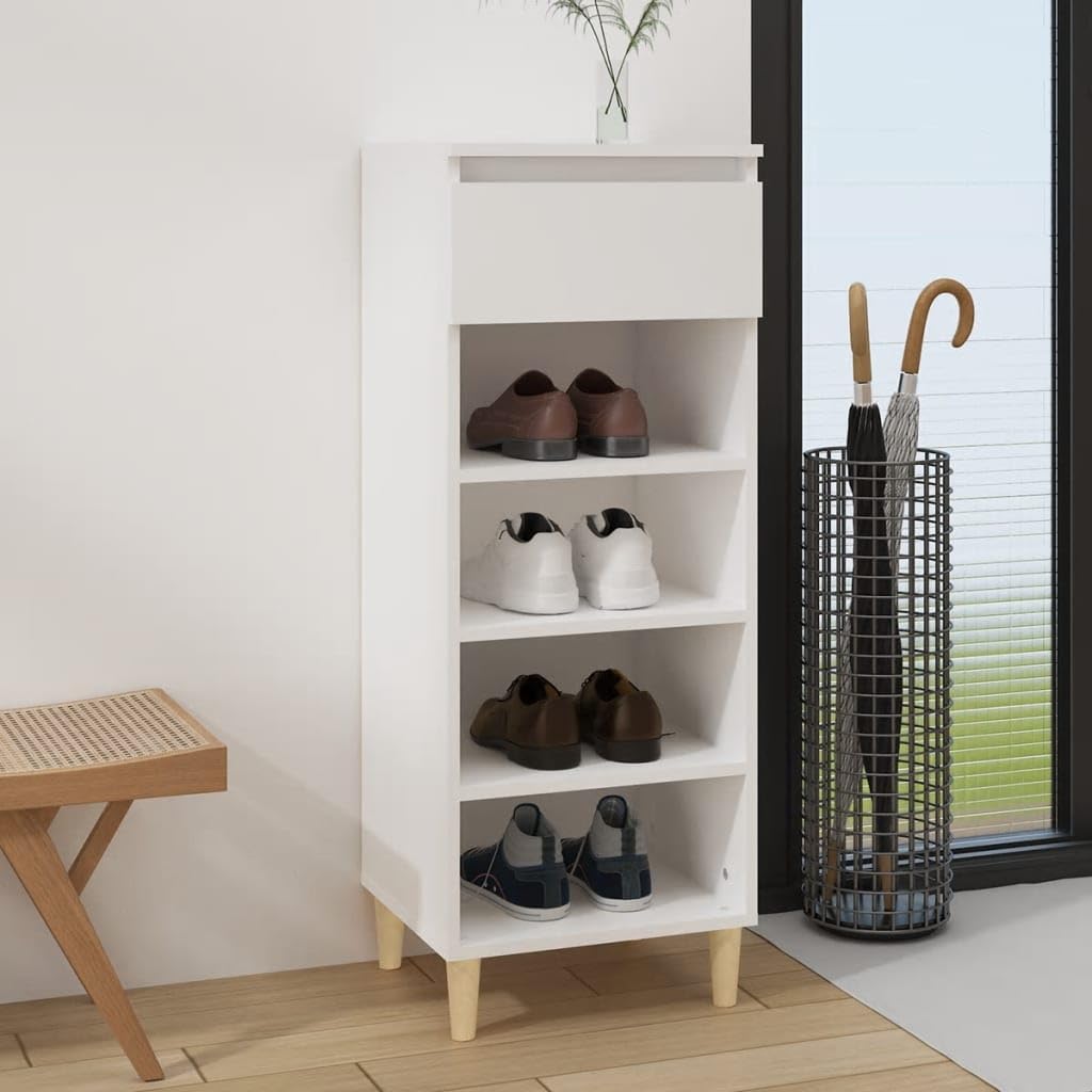Zapatero blanco 40 x 36 x 105 cm de madera con 4 bolsillos abiertos y 1 cajón para almacenamiento, placa superior estable y patas de madera resistentes, armario de almacenamiento compacto