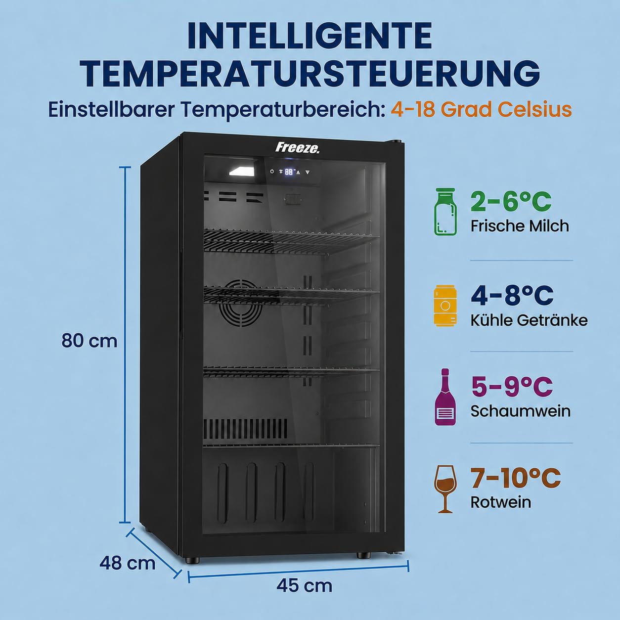 FREEZE. NinetyB+ 86L Getränkekühlschrank, Mini-Kühlschrank für 126 Dosen, Glastürkühlschrank, Weinkühler, kleiner Kühlschrank mit Glastür und verstellbaren Regalen, frostfrei, Schwarz