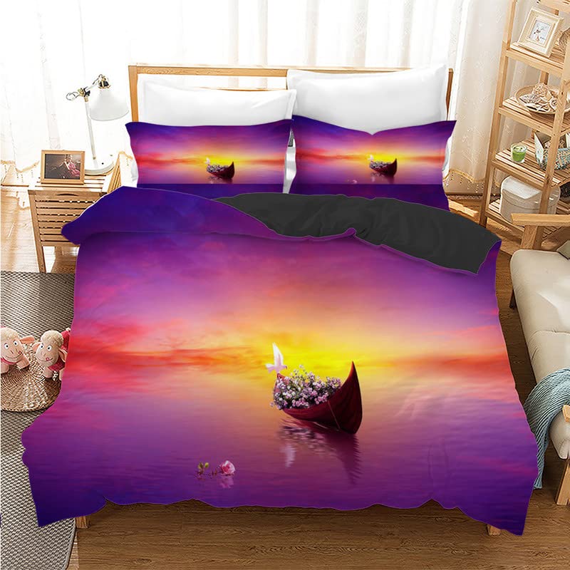 Parure de lit 90x190 enfant bateau violet avec housse de couette en microfibre et taie d'oreiller