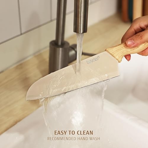 Miniatura 6 de hecef Juego de 3 cuchillos, hoja de acero inoxidable con revestimiento antiadherente, cuchillos de cocina afilados, incluye Santoku, utilidad,