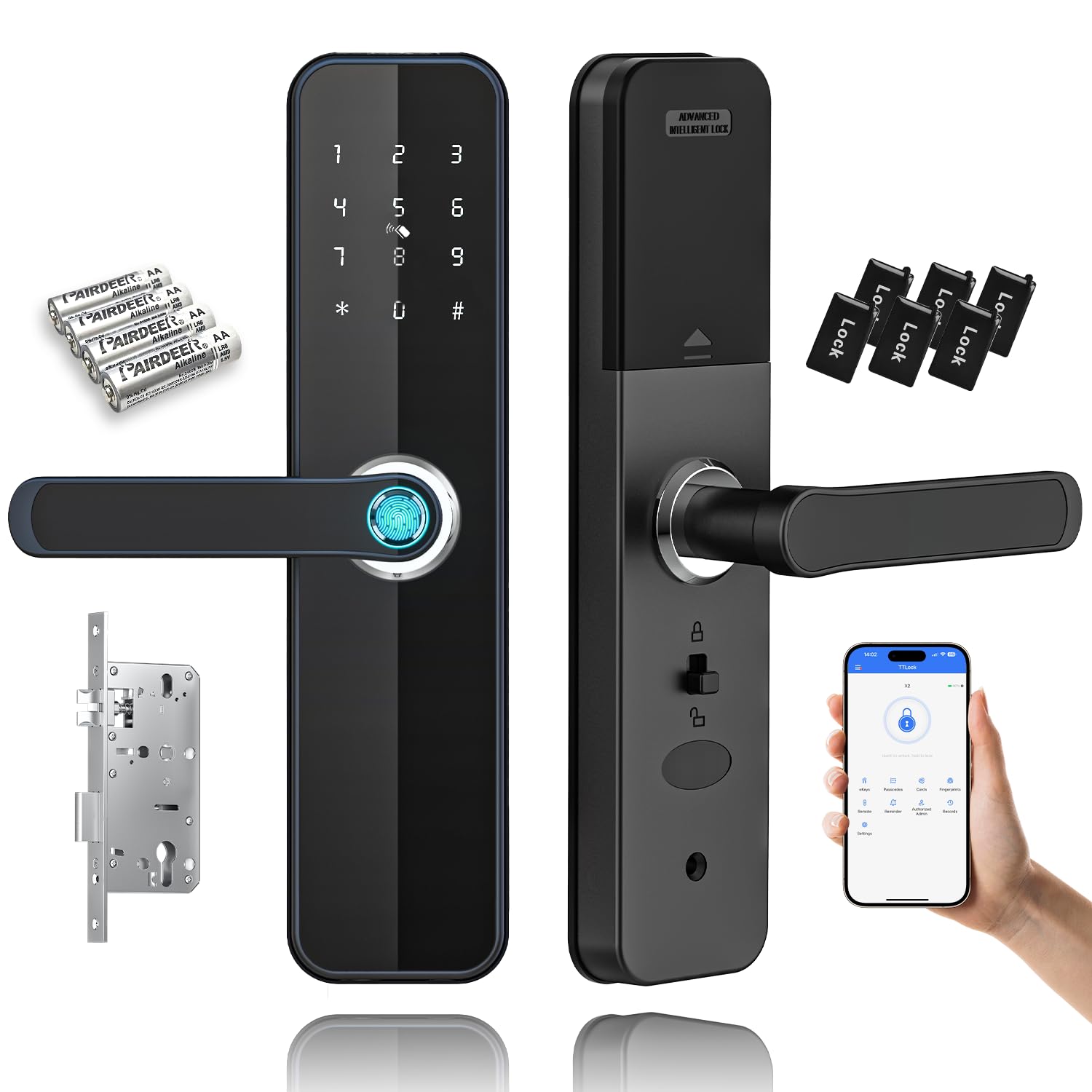 Diagram showing the Makayuron Smart Door Lock H06 with dimensions and a list of lock parameters and features.