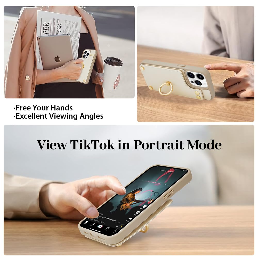 LAMEEKU for iPhone 15 Pro Max Wallet Case, Case with Card Holder, 360°Rotation Ring Kickstand, RFID Blocking Leather Protective Case for Women Men for Apple iPhone 15 Pro Max 6.7'' Beige (2023)