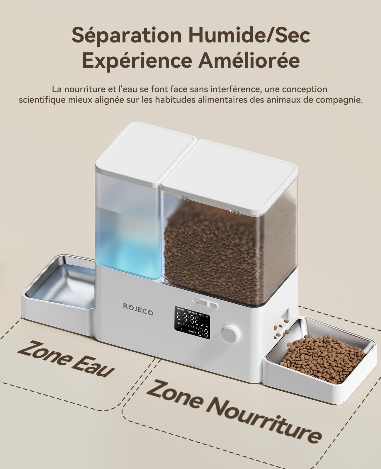 Rojeco Distributeur Automatique 2-en-1 Nourriture et Eau，8.5L Grande Capacité，Minuterie Programmable，Bols en Acier Inoxydable，Commande par Bouton，pour Chat Chien Petit Moyen Animal