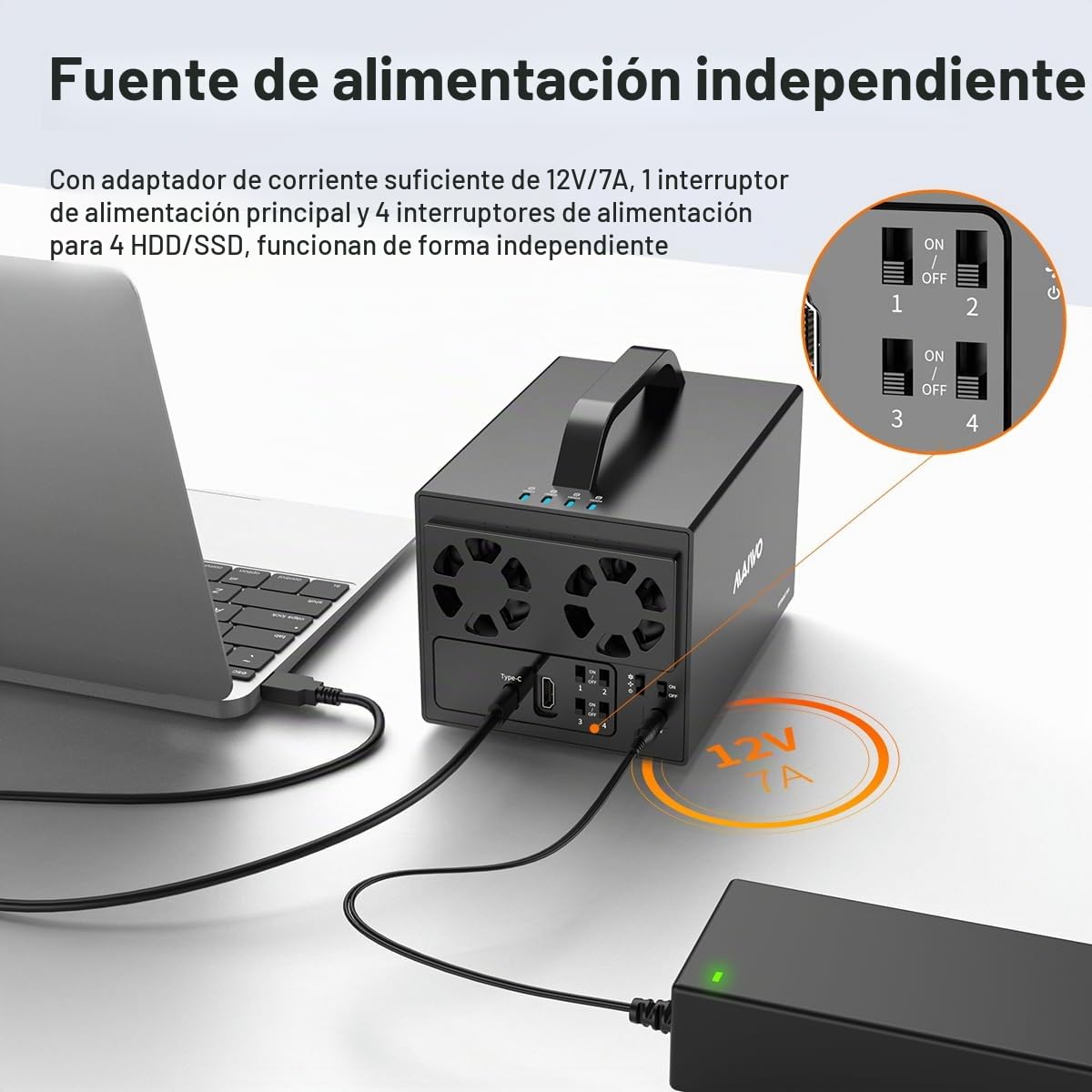 MAIWO Caja de Disco Duro de 4 bahías para Disco Duro SATA de 3.5 Pulgadas con Dos Ventiladores, Carcasa HDD de 4 bahías con Puerto HD-MI 4K, expansión de 88 TB, Interruptor de alimentación de Disco