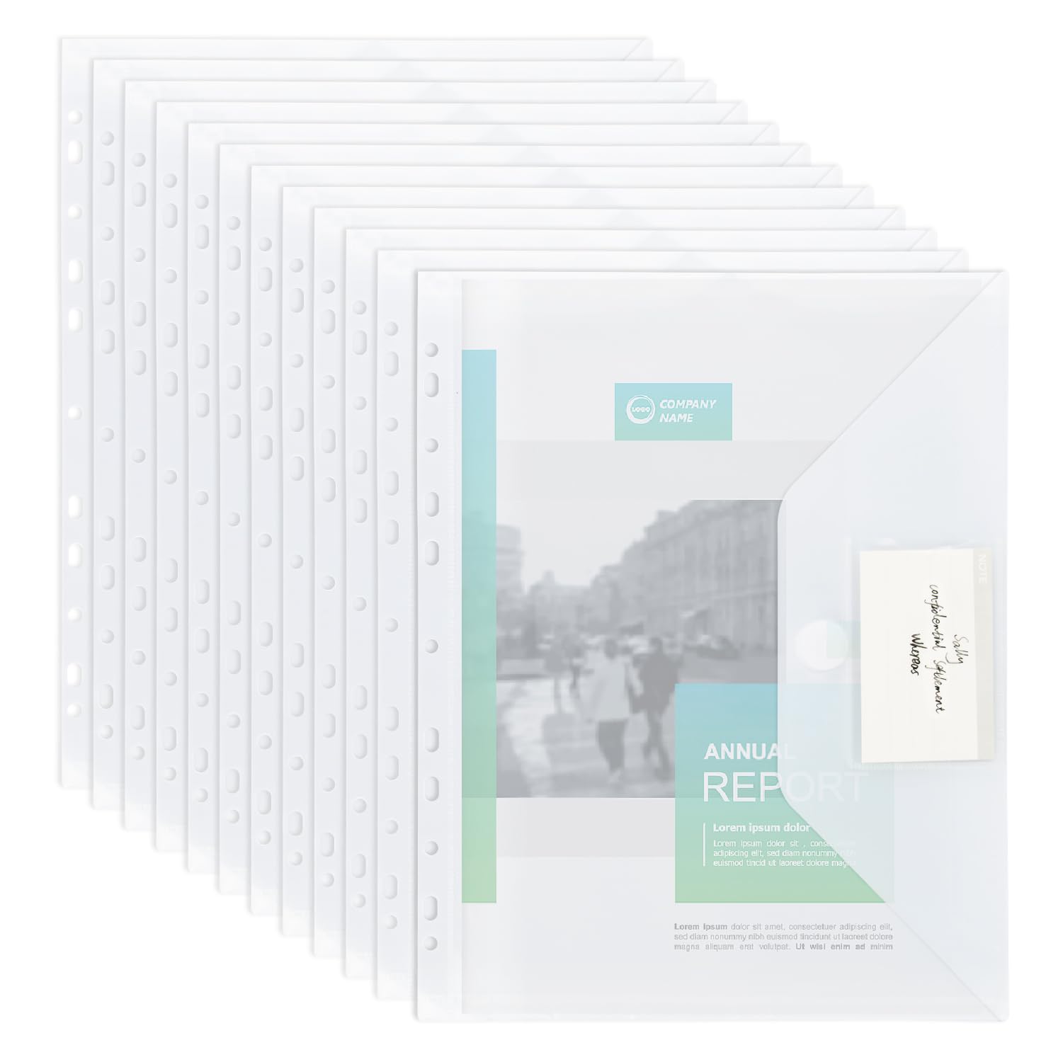 MOWETOO 22 Stück Dokumentenmappe A4 zum Abheften, Transparent A4 Dokumententasche mit Lochrand Klettverschluss und Etikettentasche, Wasserdicht Sammelmappen für Dokumente Organisieren