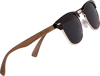 Gold Semi-Rimless Walnut Wood Retro Sunglasses for Men and Women | Black Polarized Lenses and Real Wooden Frame | 100% UVA/UVB Protection