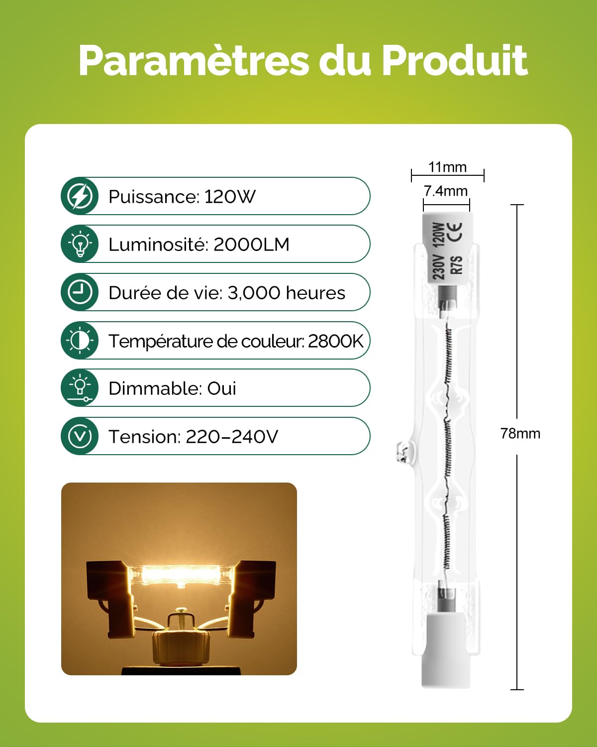 Ampoule Halogene R7s 78mm Crayon Halogène R7S 120W=150W Blanc Chaud Ampoule R7s 78mm