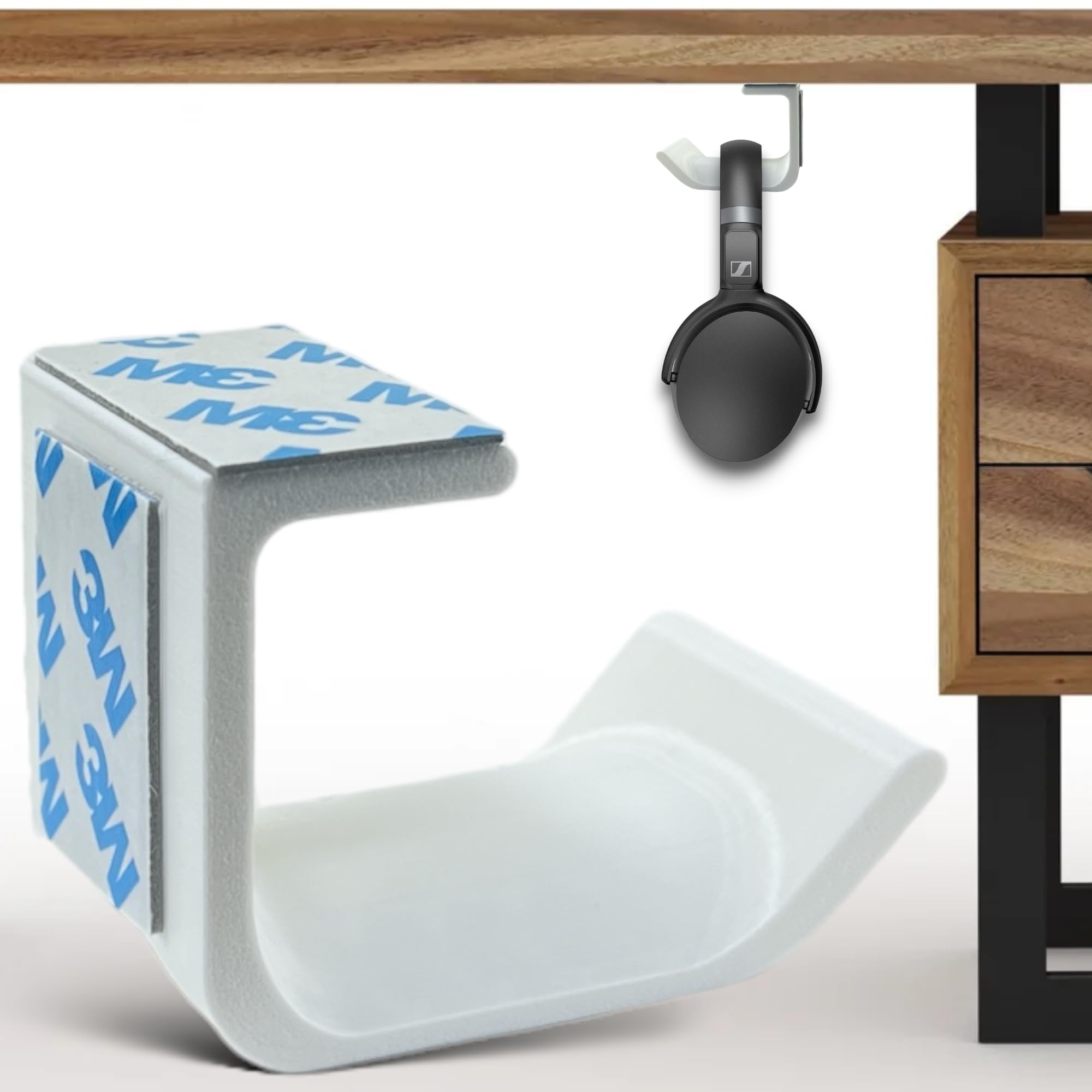 SRS Under Desk Table & Wall Mount (2 in 1) Headphone Stand Holder Easy-to-Use | Modern | Compact | Study Design for All Professional | Corporate | Gaming Headsets Stick-ON Adhesive (Pack of 1, White)
