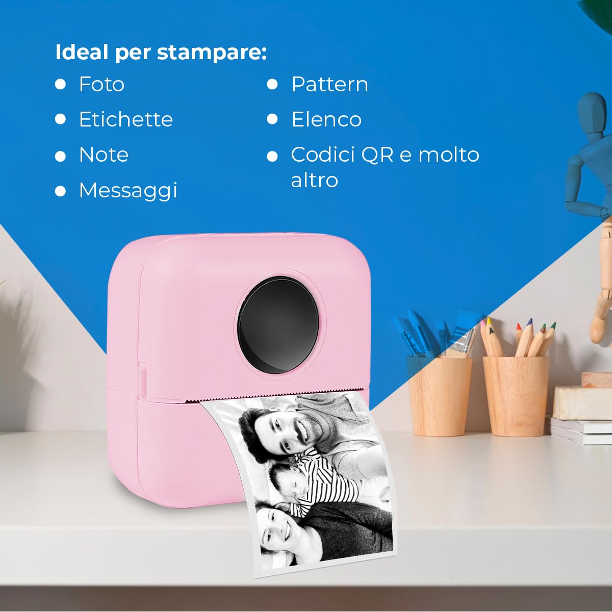 NK Stampante Fotografica Portatile con 5 Rotoli di Carta Termica - Mini Stampante Termica Mobile Wireless, Cavo USB, Compatibile con iOS e Android, Rosa