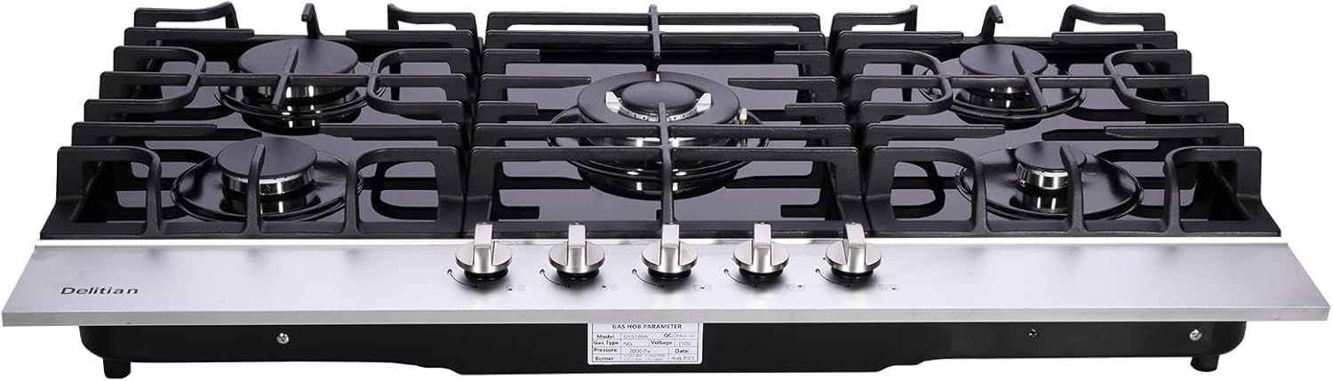 36 Inch Gas Cooktop DT5189A Tempered Glass Built-in Stovetop, 5 High Efficiency Burners LPG/NG Convertible Stove Top Dual Fuel Hob (Black)