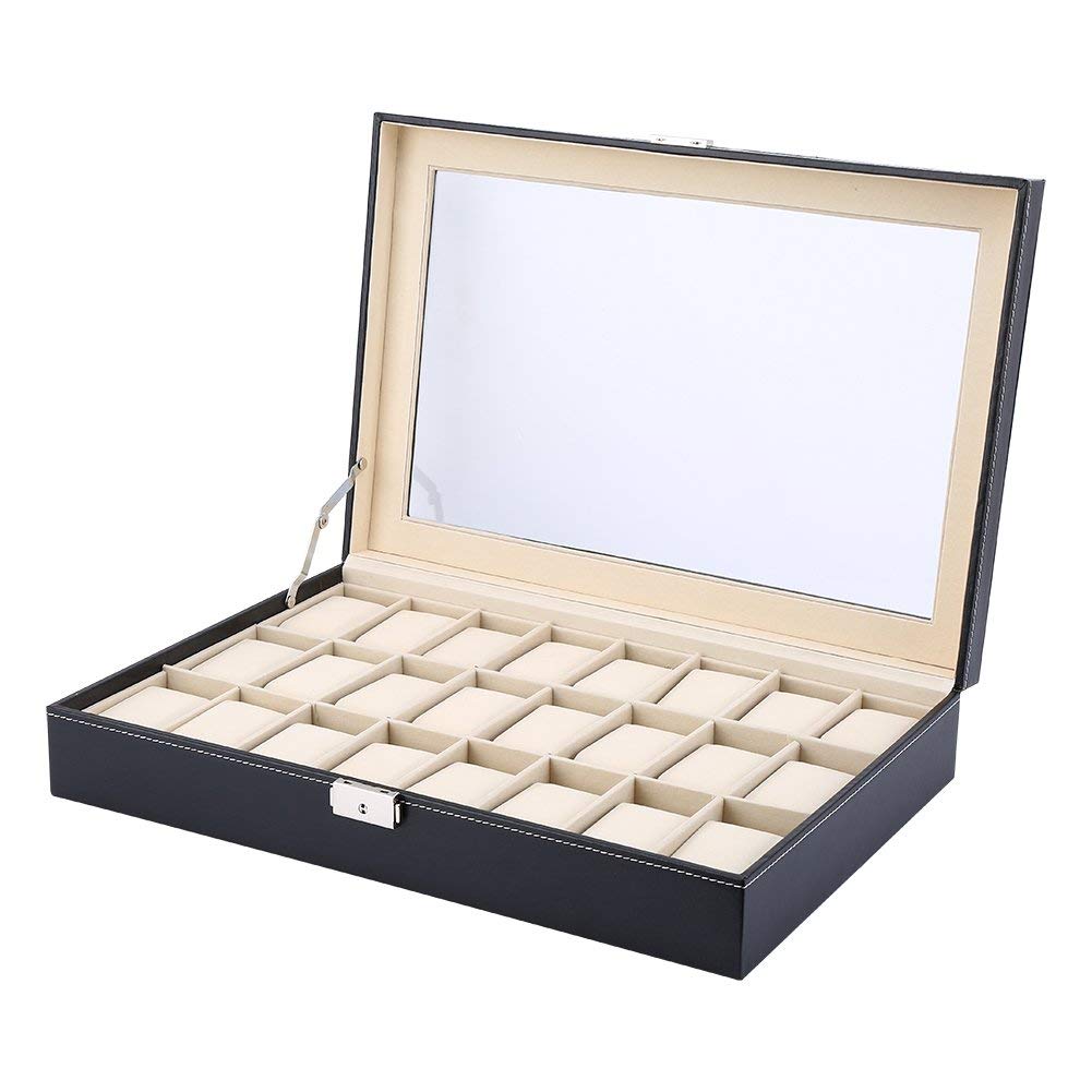 Ejoyous Caja para relojes para 24 relojes, caja para relojes, caja para guardar joyas, caja de reloj con cerradura de metal y cojín para reloj, tapa de cristal, 43 x 29 x 8,5 cm