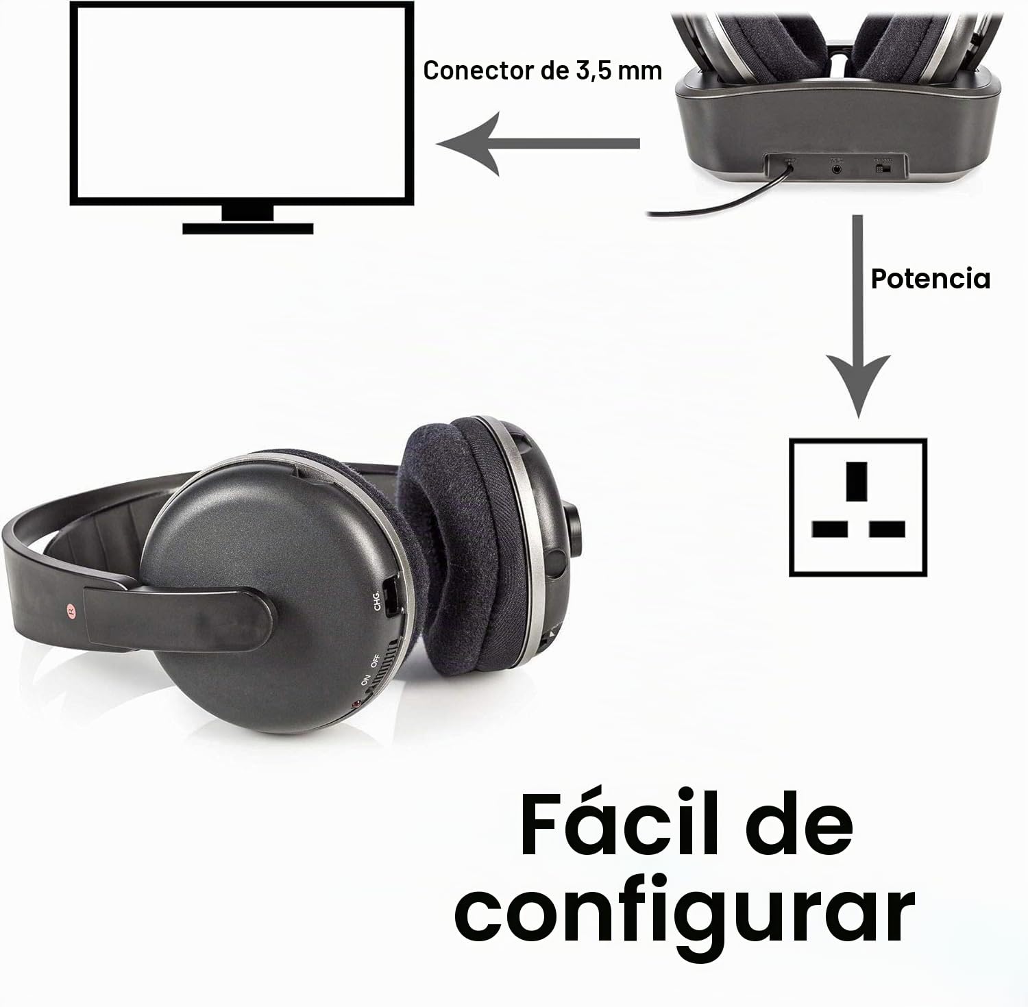 NEDIS Wireless TV Headphones | RF | Over-Ear | Maximum Battery Play Time: 11 hrs | 100 m | Digital Audio | Charging Dock | Black/Silver