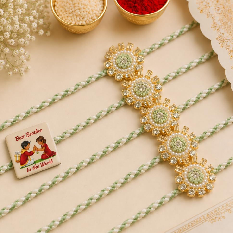 Image of Set for Brother Set of 2, Designer Peacock Rakhi for Brother Boy Men, Premium Kalash Raki for Bhaiya, Traditional Rakshabandhan Rakhis with Best Wishes Card and Tillak Set, Thread (t)