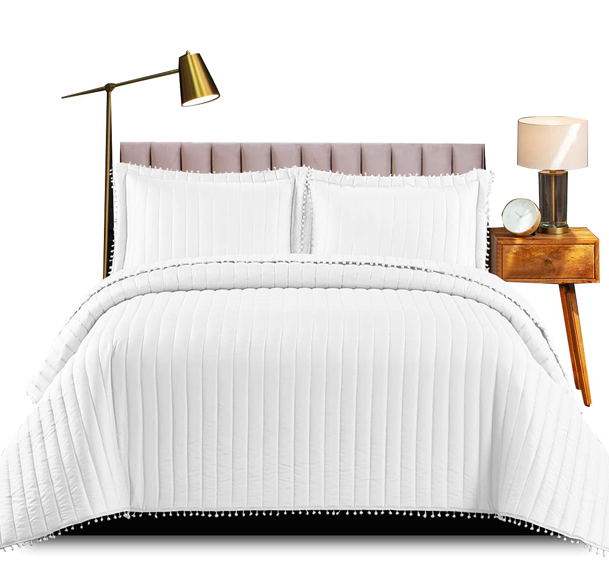 PHP Quilted Bedspreads for Bedroom Decor - Reversible Embossed Quilted Bed Throw Bedspreads Warm Bedding Double Bed Quilt +Pillows Cases (White, Double)