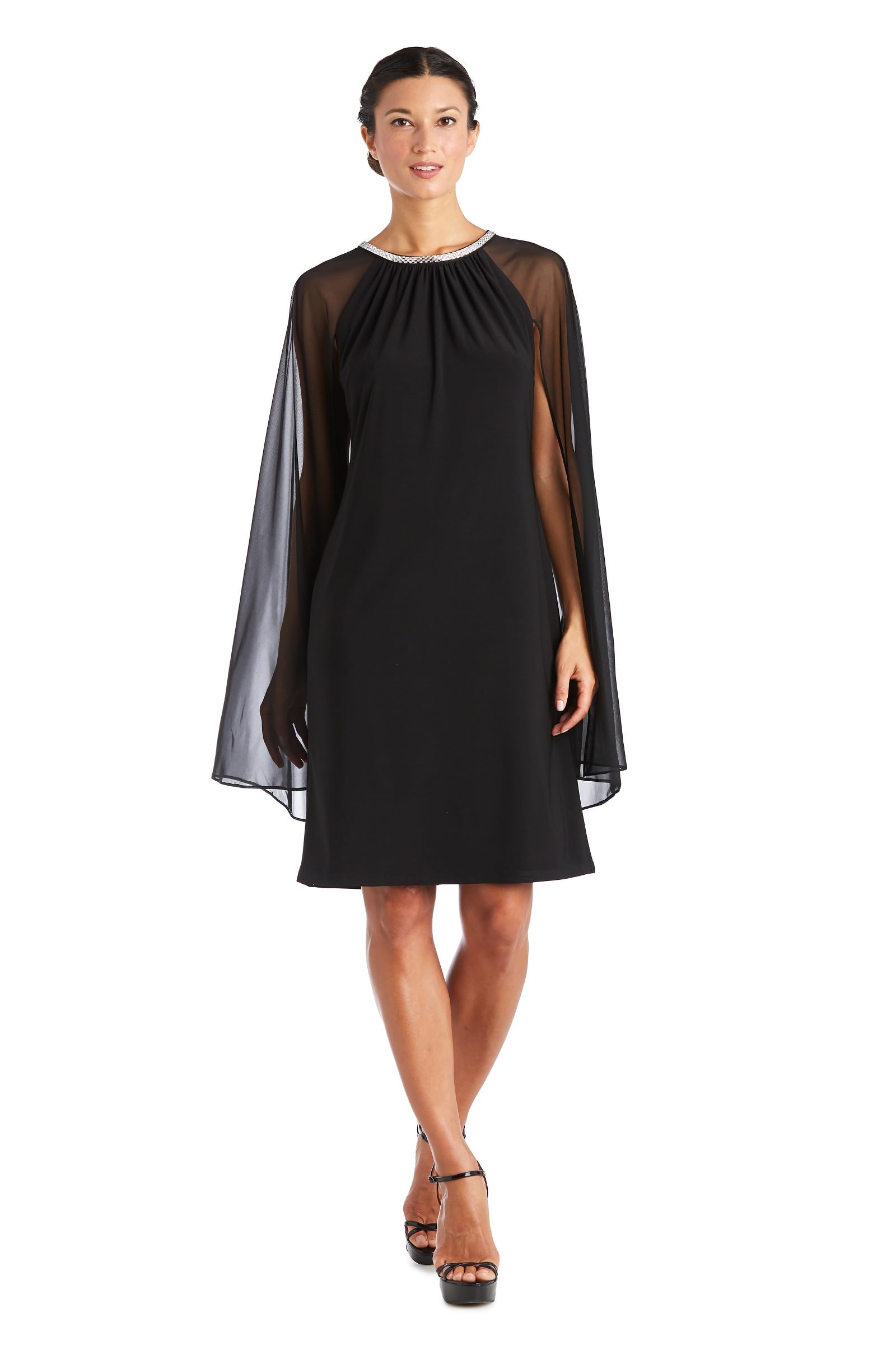 R M Richards Womens Elegant Sheer Cape Cocktail Dress - Beaded Neckline Formal Gown - Special Occasion Party