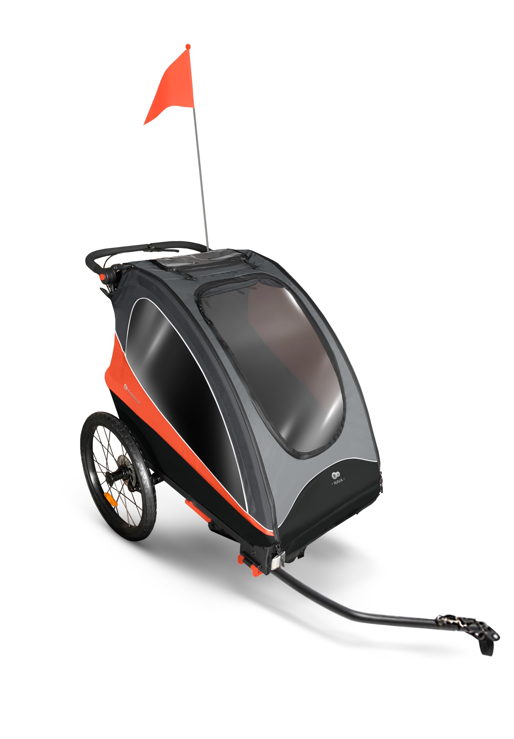 Kinderkraft NAVA 3 en 1, Remolque infantil, Cochecito, Silla de paseo, Remolque de bicicleta, Para uno o dos niños, 2 x 22 kg, Protector de lluvia, Protección contra insectos, Naranja