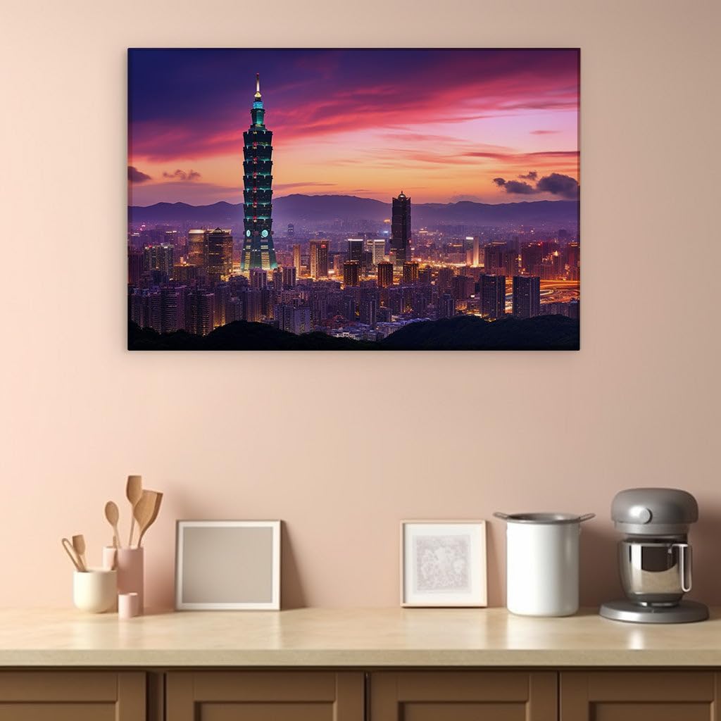 Canvas for Living room. Dusk Over Taipei: A Tranquil Panorama with the Majestic Taipei 101, 27 x 18 inch Canvas Wall Art - Ready to Hang