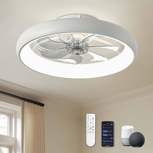 20" Modern White Flush Mount Ceiling Fan with Lights, 6 Wind Speeds, LED, Voice Control, Bedroom, Living Room, Kitchen