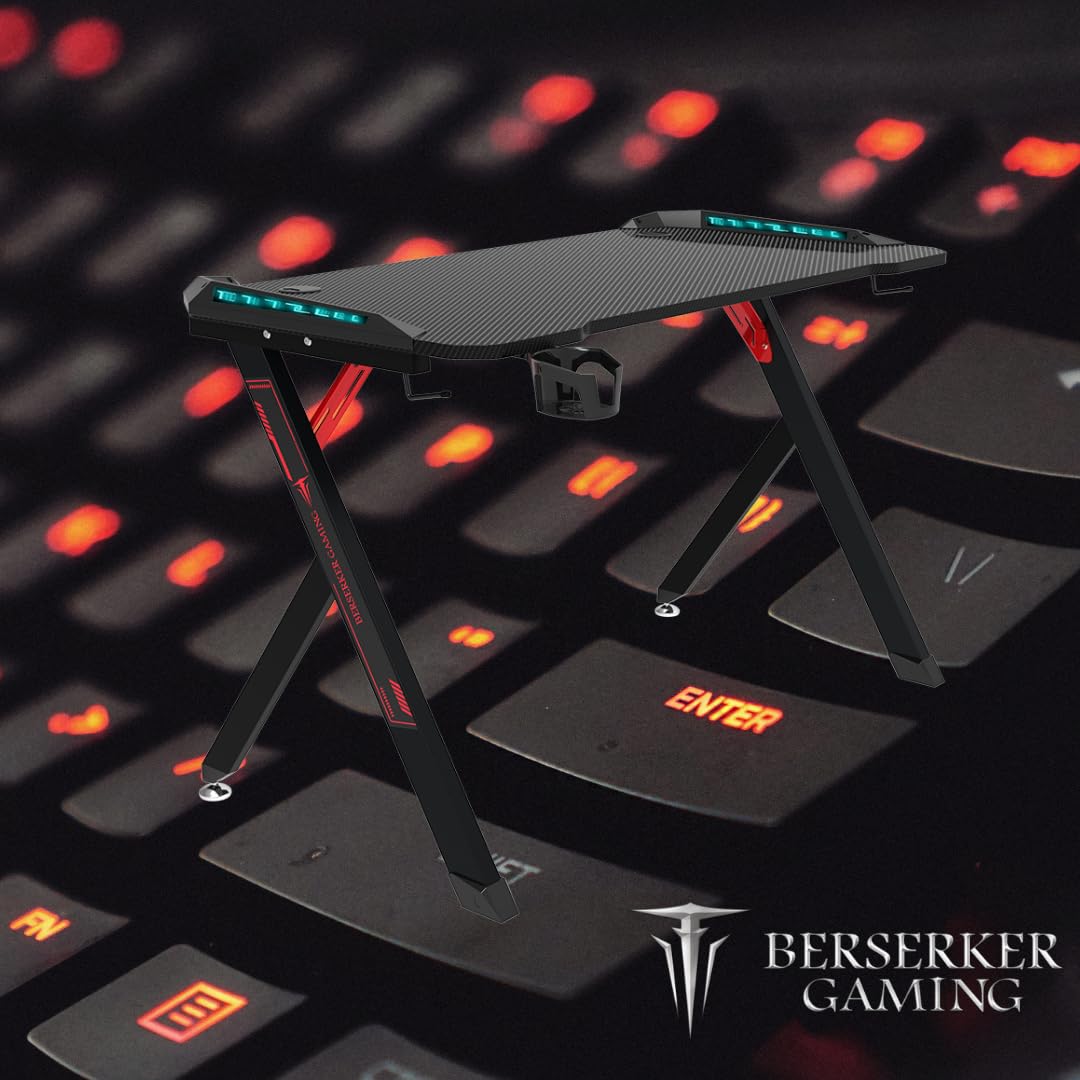 Mesa Gamer con LED, 113 x 60 x 75 cm, Superficie Resistente, Gestión de Cables, Negro
