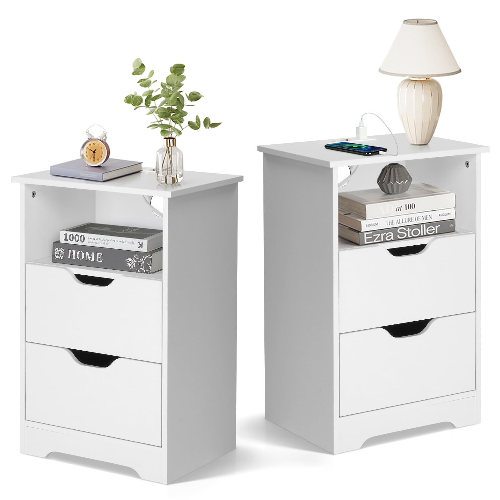 Table de chevet avec station de charge intégrée et double tiroir blanc