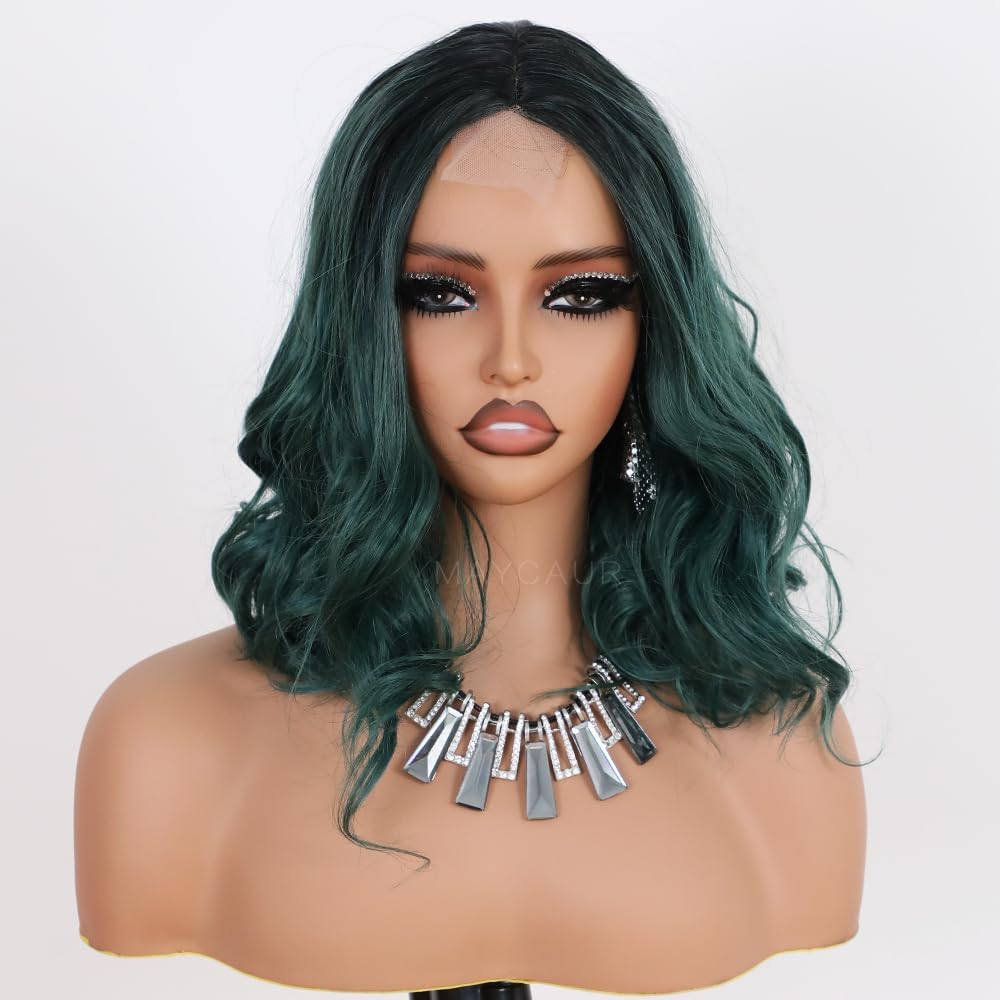 Maycaur Black Dark Green Short Bob Hair Synthetic Lace Front Wig Short Wavy Wigs with Natural Hairline For Women Glueless Heat Resistant Fibre Hair