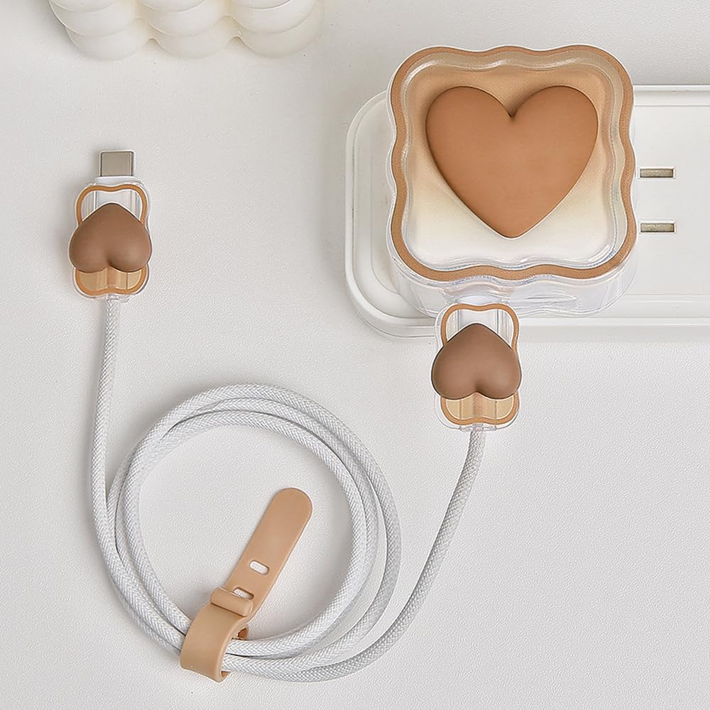 Compatible with iPhone 35W Dual USB-C Charger Cover Lovely 3D Love Heart Waves Design Charger Cable Protector for Apple 35W Double USB-C Power Adapter, Brown image 5