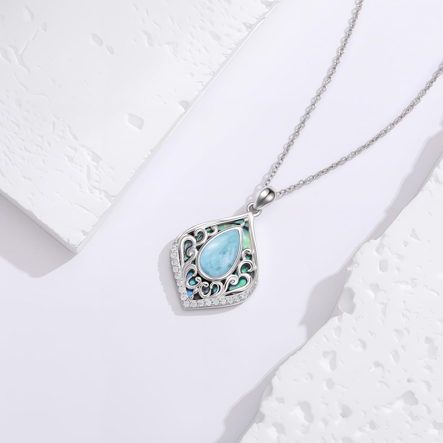 Filigree Gemstone Necklace 925 Sterling Silver Teardrop Bohemian Necklace Abalone Shell Jewelry Birthday Gifts for Women - Image 4