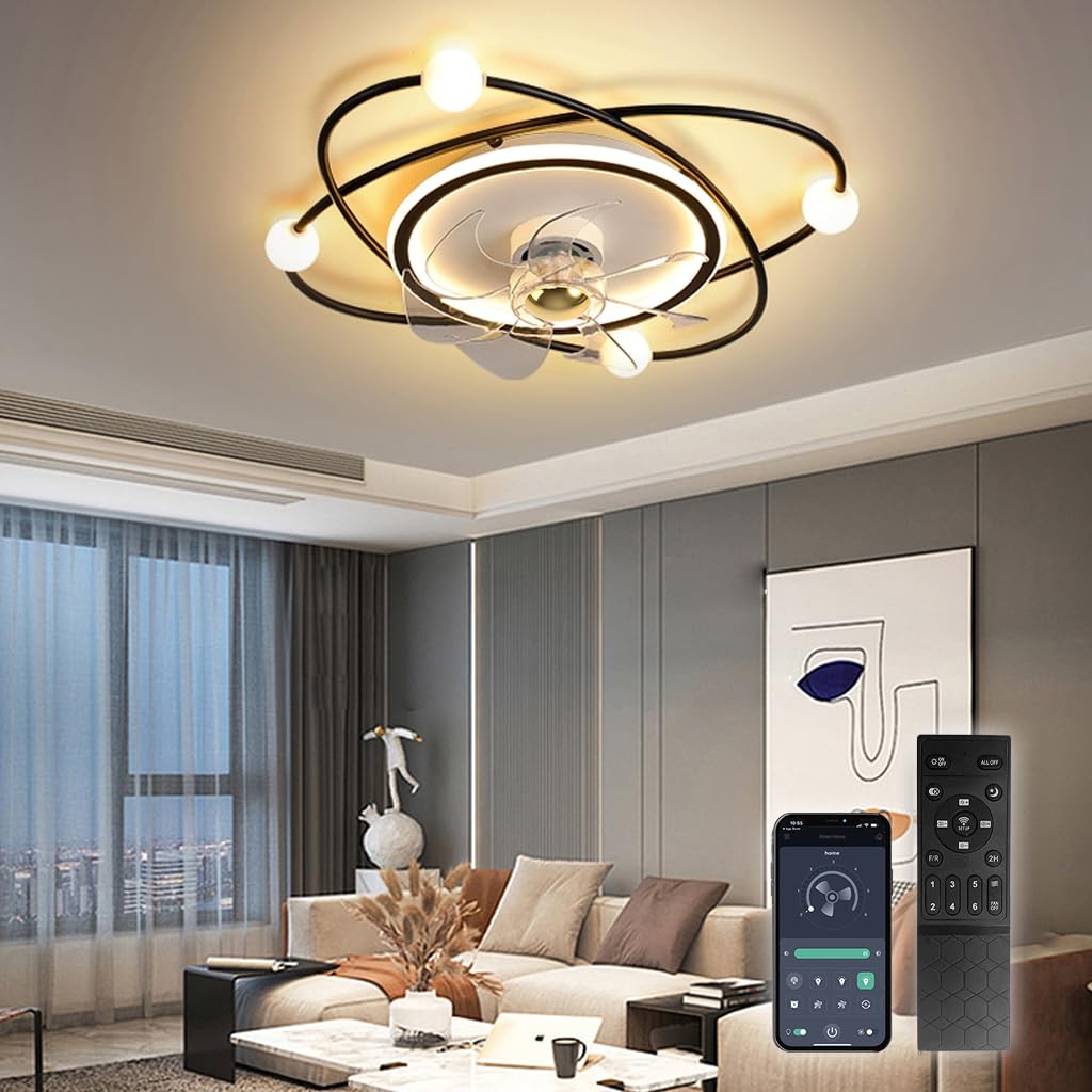 Nowoczesny wentylator sufitowy z oświetleniem, 58 cm ściemnialne światło sufitowe LED z wentylatorem, 42W Timer Wentylator sufitowy z lampą do salonu Sypialnia jadalnia(Czarny)