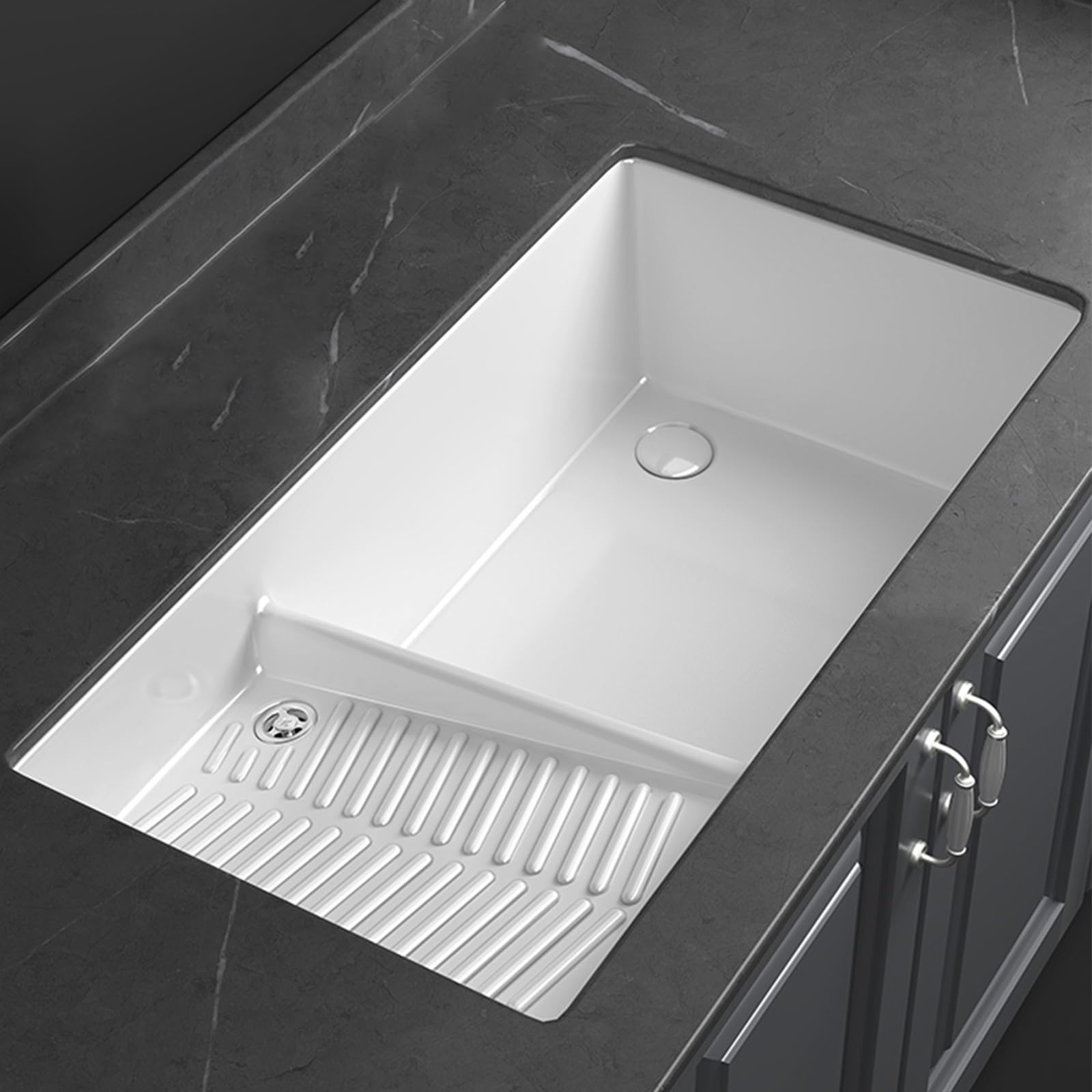 Lavandino rettangolare in ceramica bianca da bagno sottopiano,lavabo lavanderia da esterno,lavatoio ceramica,Con rubinetto bianco, adatto per lavanderia, balcone, bagno, cortile ( Size : 68*41.5 )