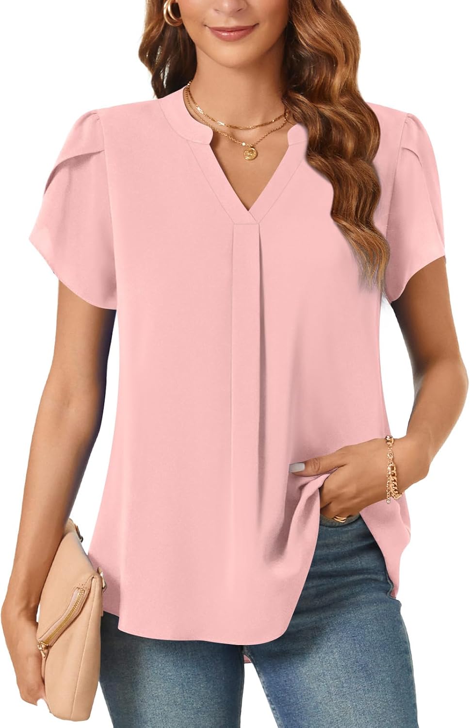 Aodemo Women’s Summer Chiffon V Neck Blouses Tulip Short Sleeves Dressy Tunic Office Tops Casual Loose T-Shirts