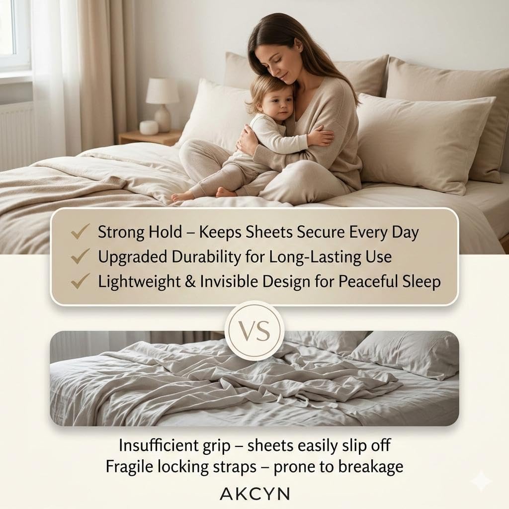 Bed Sheet Holders for Corners — 4-Pack Sheet Suspenders & Sheets Holder, Strong Grip bed accessories , No-Slip Mattress Fasteners, Keeps Sheets Tight & Smooth, Easy Install & Fits All Mattress Type