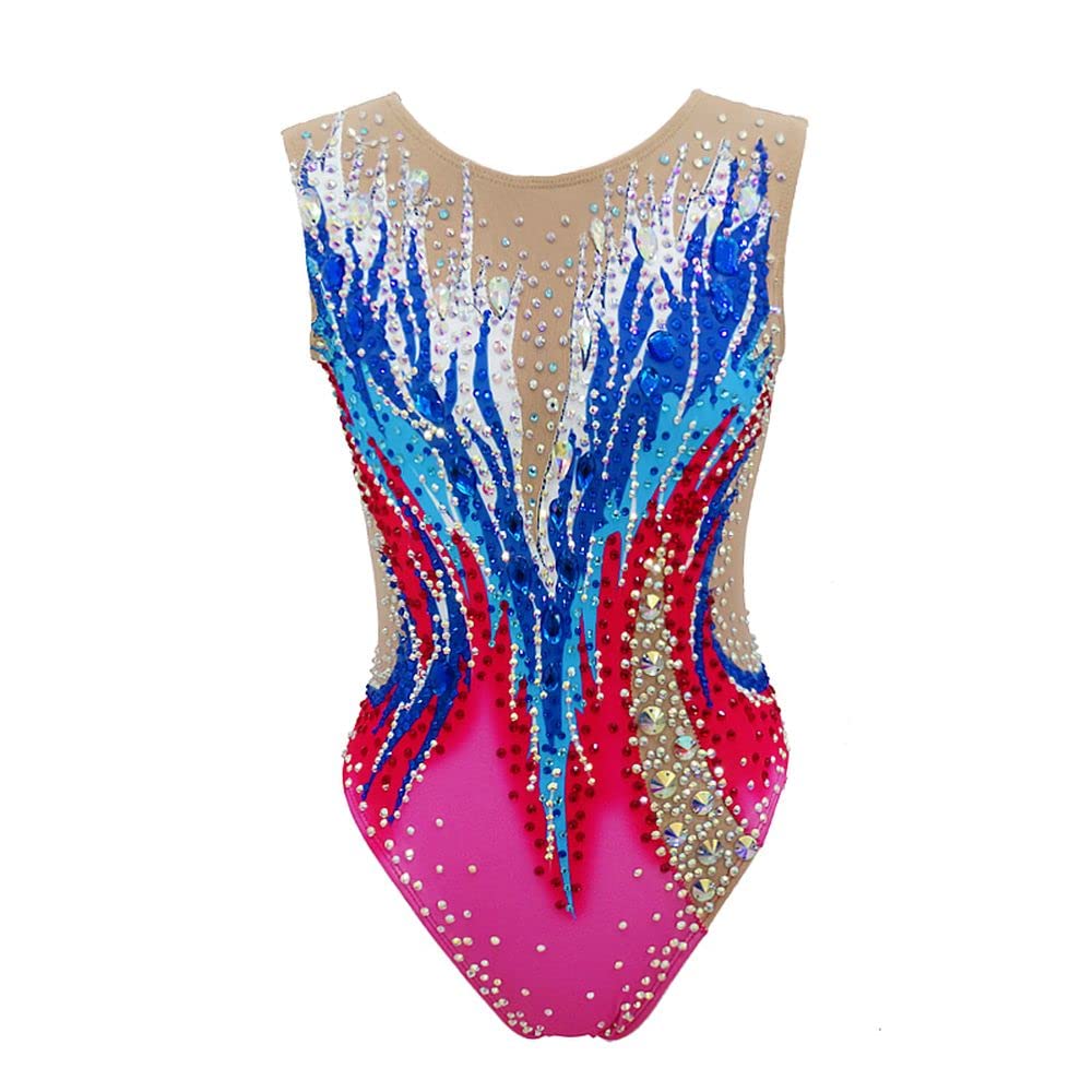 LIUHUO Synchronized Swimming suits Kids Girls Training Crystals Competitive Gymnastics Leotards (blue,5-8 Years)