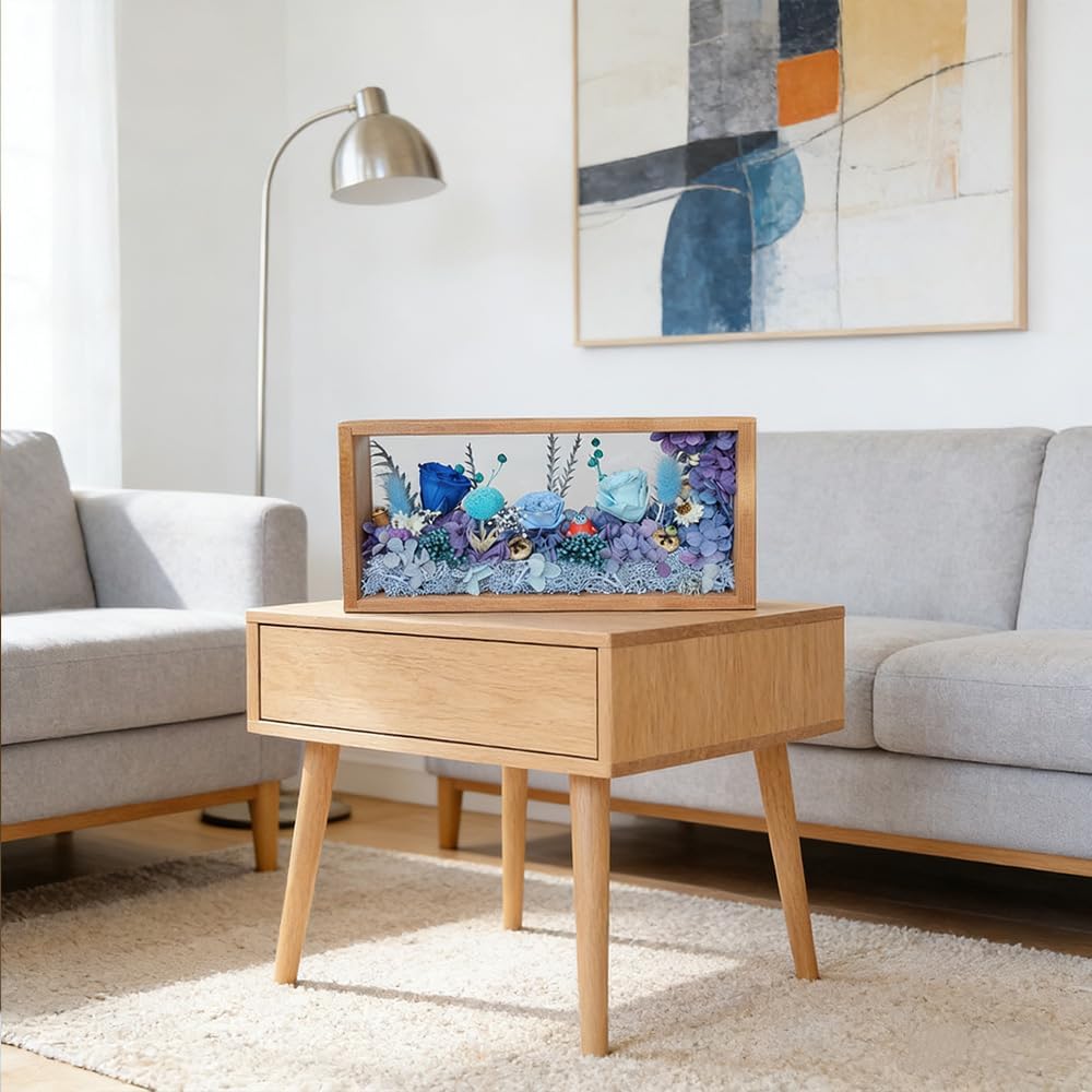Preserved Flowers Shadow Box with LED Lights, Eternal Real Rose & Hydrangea Floral Arrangement in Wooden Frame, Linght Up Home Decor,Gift for Mother's Day Birthday Anniversary(Blue)