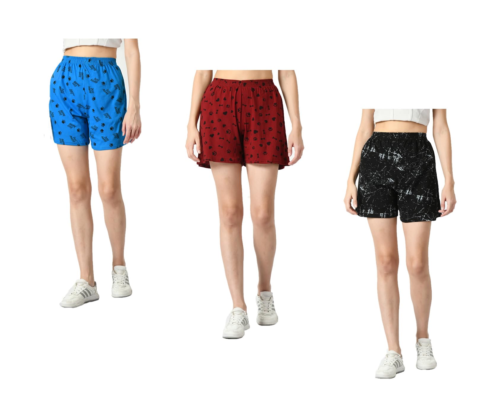 kayu Pack of 3 Women’s Cotton Printed Shorts Comfortable Elastic Waist Casual Lounge Summer Shorts for Women Blue, Maroon, Black-picture-13