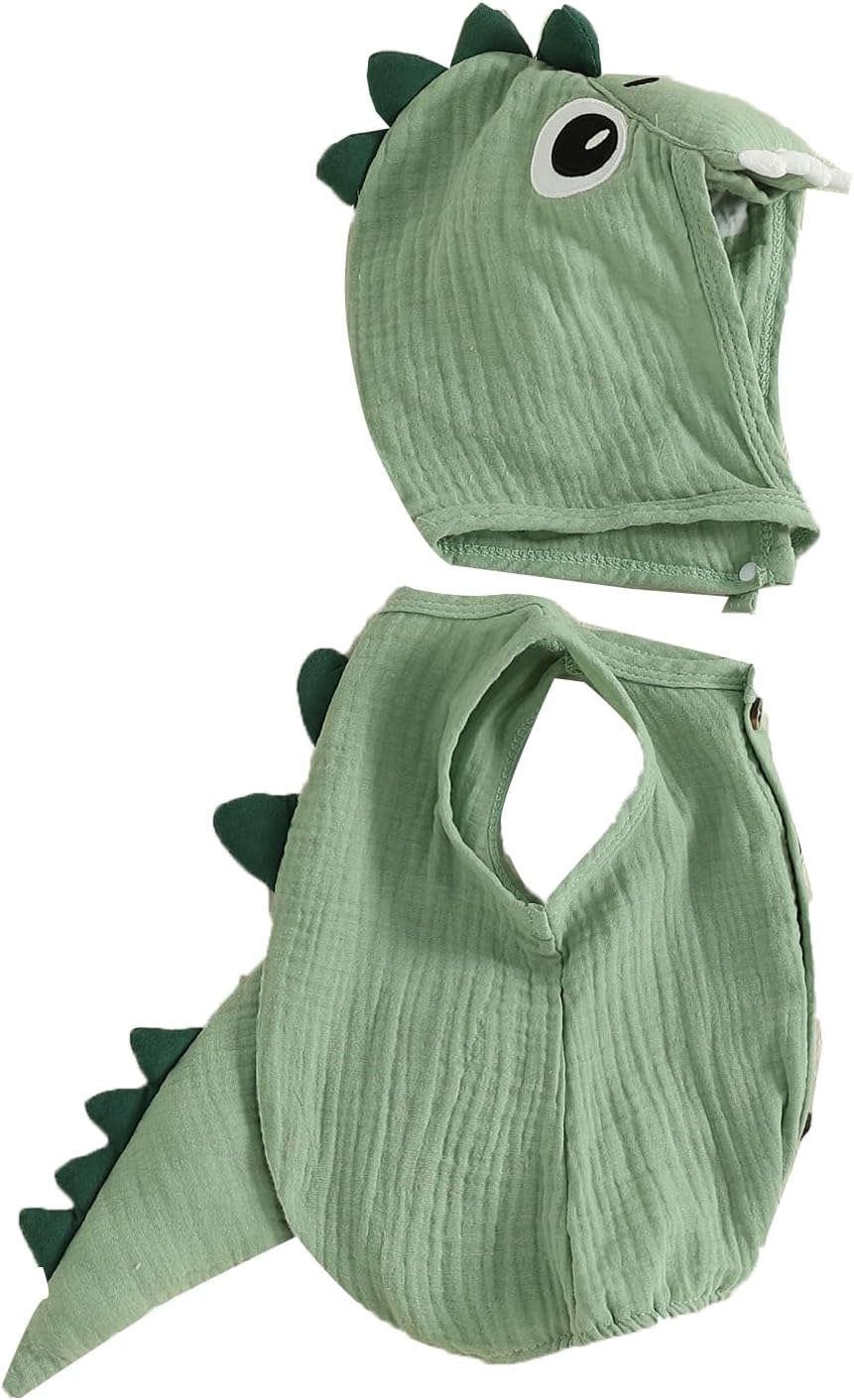 SAYOO Baby Boy Linen Cotton Bodysuit Sleeveless Button Down Basic Romper Shirt Dinosaur Animal Hat 2Pcs Newborn Layette Set