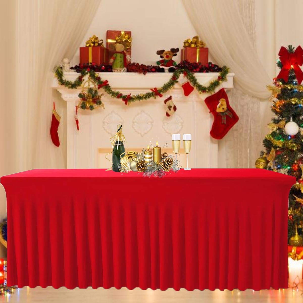 Albassa Table Skirt Spandex Table Cover for Rectangular Tables 6ft, Wrinkle Resistant Ruffles Elastic Table Cover and Table Skirt for Banquets, Weddings, Parties (Red, 6ft 2Pack)