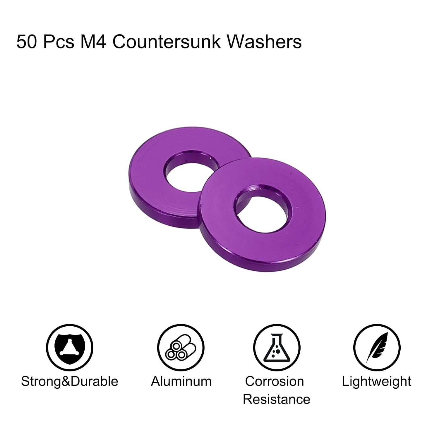 MECCANIXITY 50pcs M4 Flat Washer Aluminum Gasket Anodized Countersunk Washer,Hole Dia 4mm/0.16" Round Washers for Screw RC/FPV/PC/Drone/Mechanical Accessories Model Parts,(Purple)