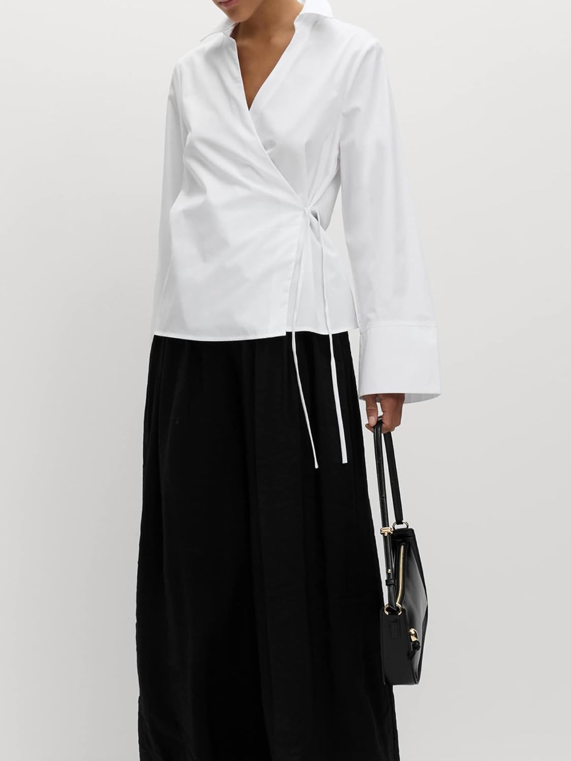 SUNNOW Women's Wrap Front V-Neck Shirt Adjustable Tie Waist Blouse with Long Sleeves for Office and Casual Wear - Image 3