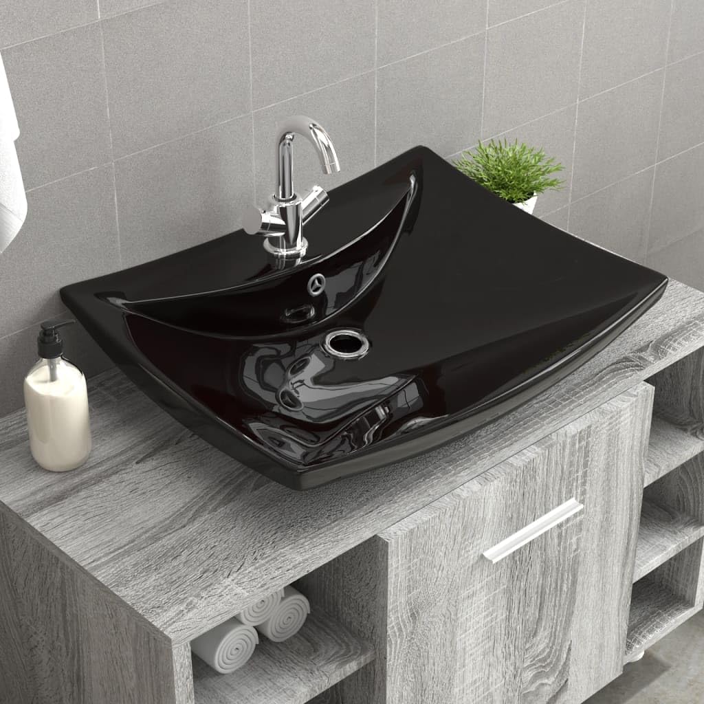 Lavabo negro de cerámica brillante de 60 cm: Solución moderna con rebosadero