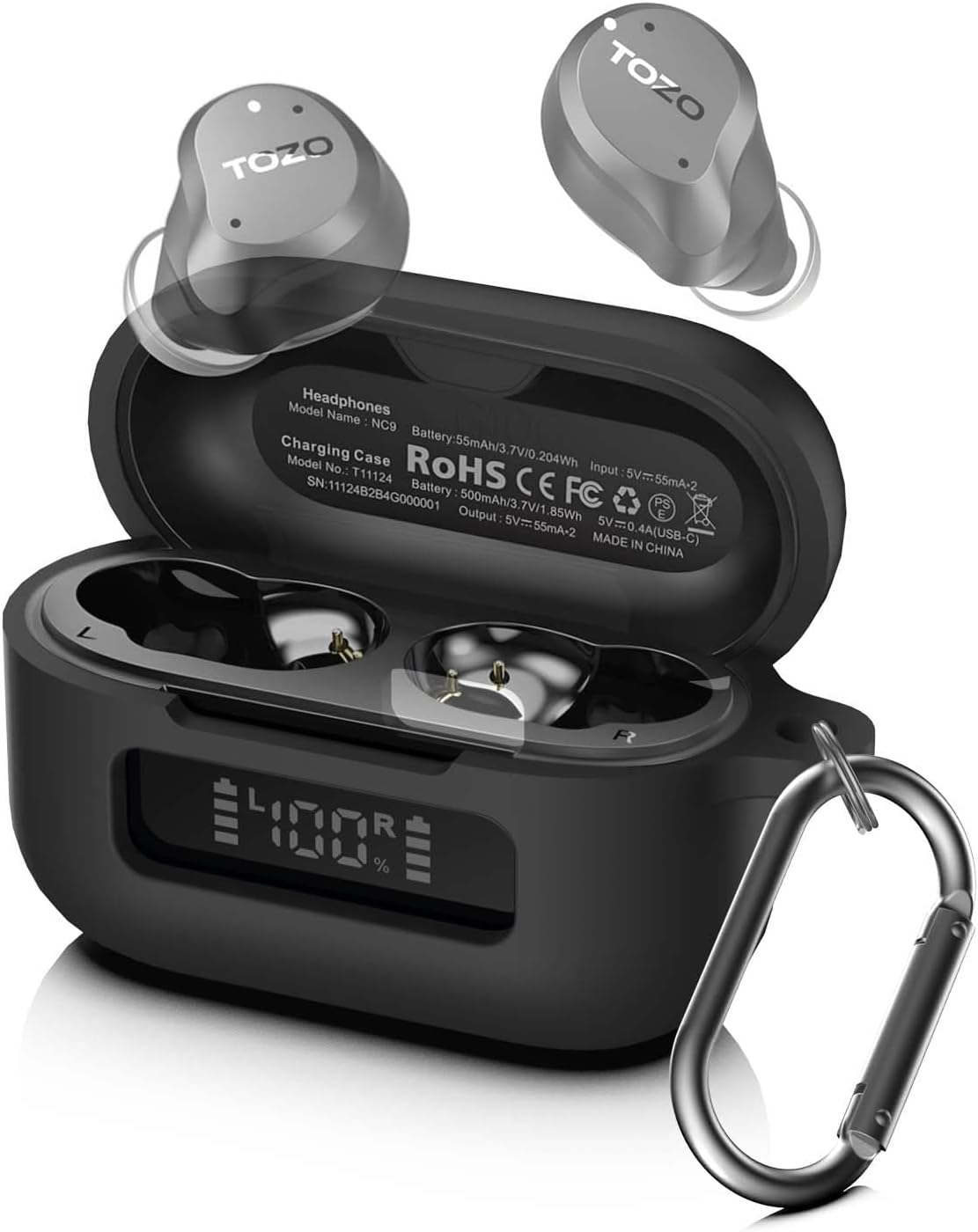 for TOZ0 NC9(2024) Case Cover, Silicone Protective Battery Display Visible Design Cover ONLY for TOZO NC9 Hybrid Active Noise Cancelling Wireless Earbuds 2024 Version with Carabiner-Black