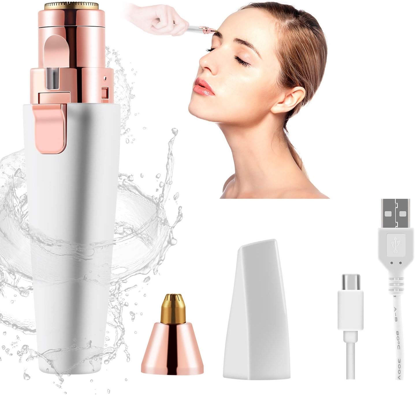 Facial Hair Removal for Women Eyebrow Trimmer 2 in 1 USB Rechargeable Painless Waterproof Eyebrow Hair Remover Eyebrow Razor Epilator Electric Shaver with LED Light for Peach Fuzz, Eyebrow, Chin, Body