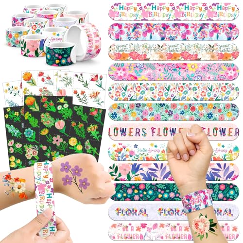 96 PCS Wildflower Birthday Party Decorations 72 Pre-Cut Temporary Tattoos & 24 Slap Bracelets for Girls Perfect for Spring Theme Birthday Supplies Floral Flower Birthday & Classroom Rewards